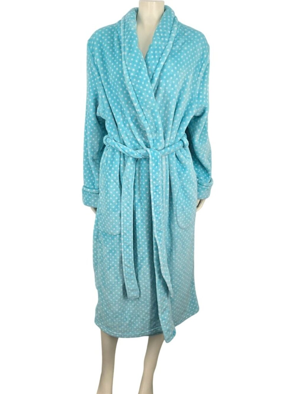 Women's Kim Rogers Intimates Blue White Polka Dot Fleece Long Robe Size XL Loung